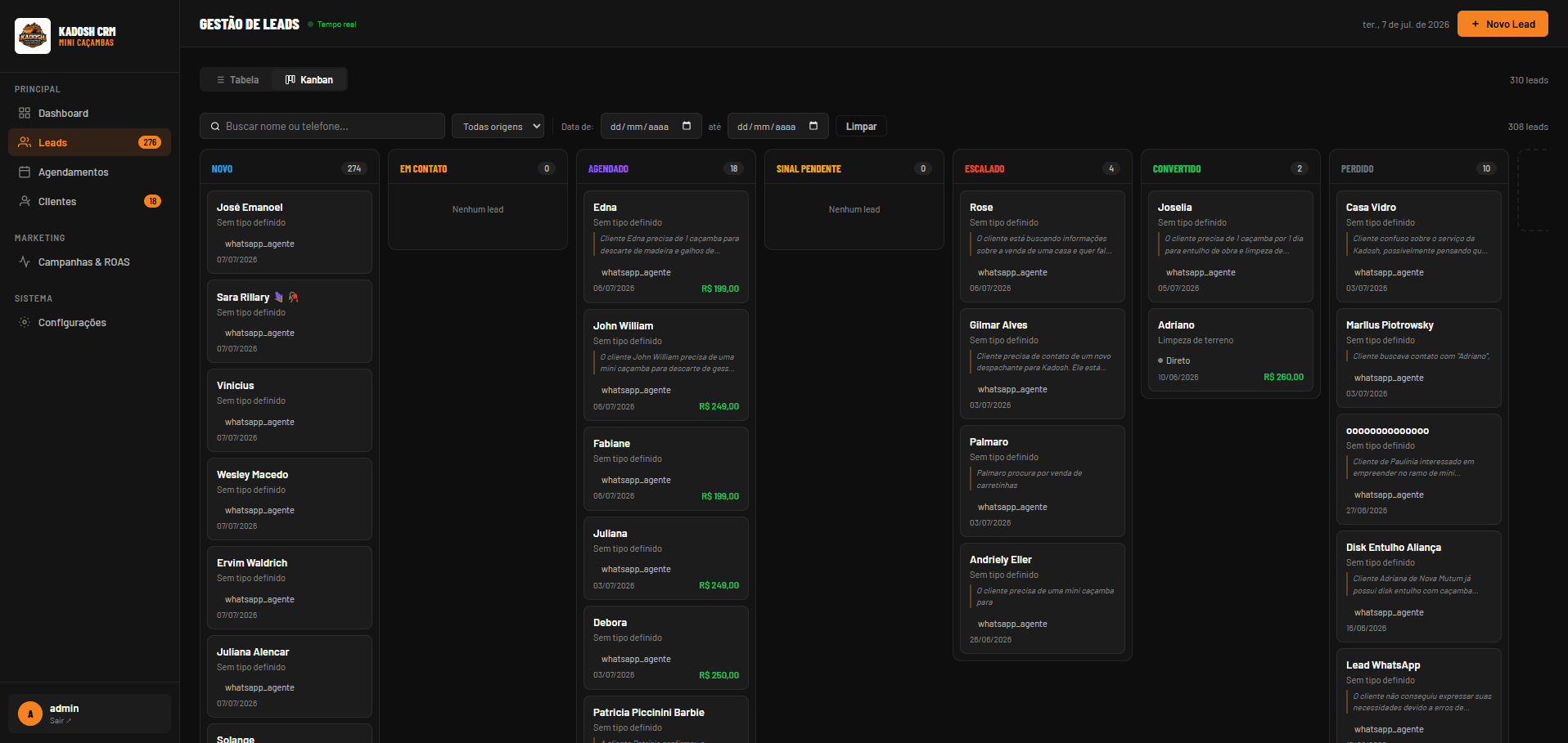Kadosh CRM — Pipeline de Leads (Kanban)